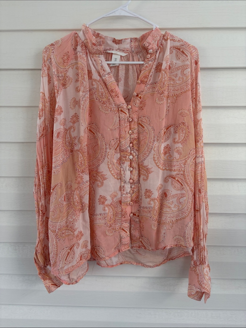 H&M Peach Paisley Lyocell Ruffle Button Blouse S Boho Romantic